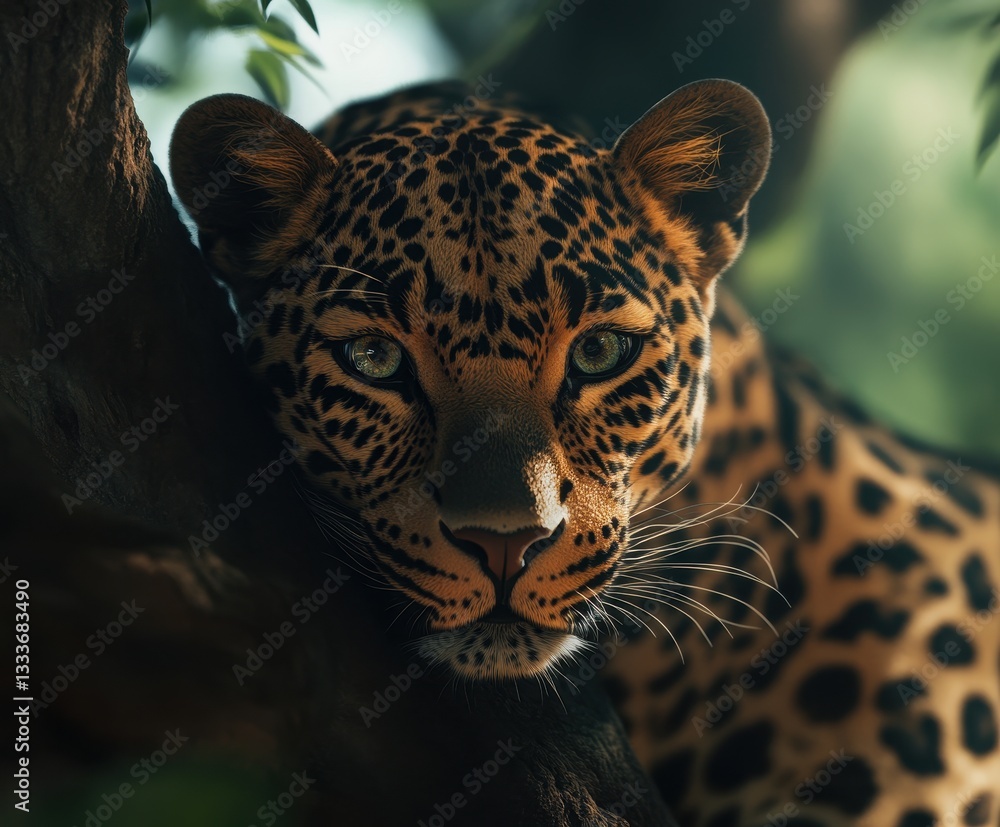 Poster close-up of a majestic leopard resting on a tree branch surrounded by lush greenery and soft natural