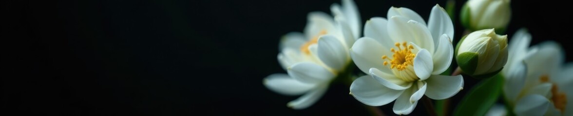 Fototapeta premium Delicate white chrysanthemum buds on dark background, spring flowers, white blooms, soft focus