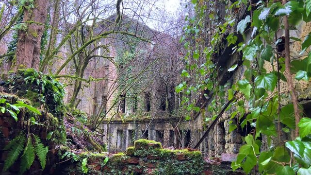 The ruined, lost, overgrown mining ghost town of Akarmara in the rain, the aftermath of the war in Abkhazia, in the mountains. A city on a cloudy winter day located near Tkvarcheli. Georgia.