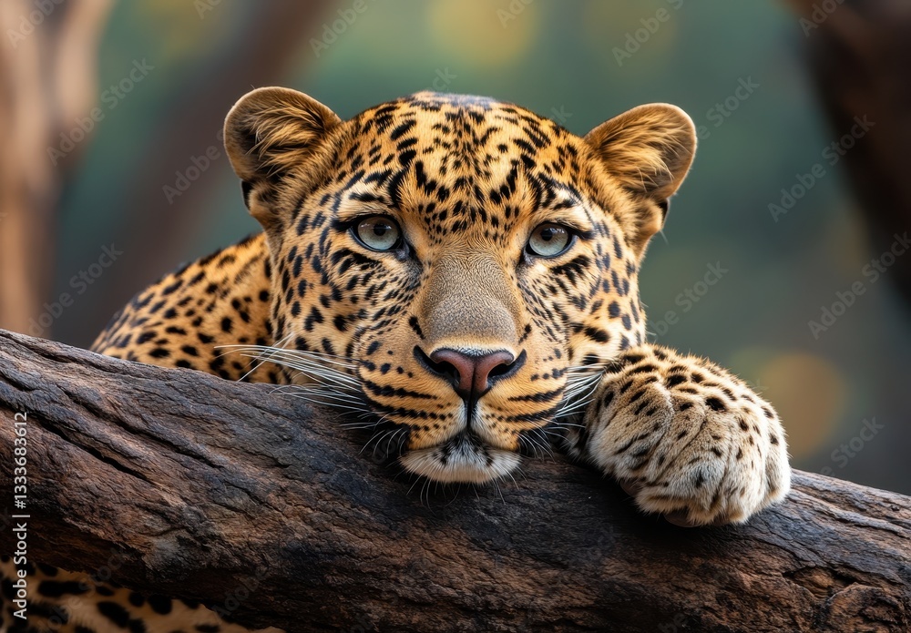 Poster close-up of a majestic leopard resting on a tree branch with beautiful spots and intense eyes in a n