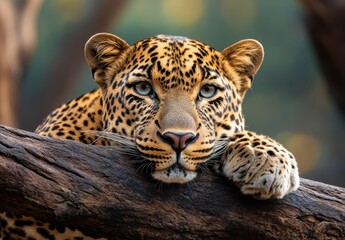Obraz premium Close-Up of a Majestic Leopard Resting on a Tree Branch with Beautiful Spots and Intense Eyes in a Natural Environment, Captured in Stunning Detail