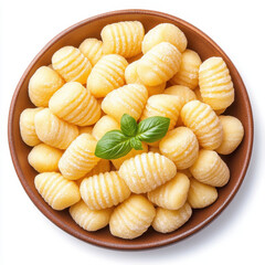 Fresh uncooked gnocchi in bowl, perfect for Italian cuisine. This dish showcases soft texture and unique shape of gnocchi, garnished with basil leaf for added flavor