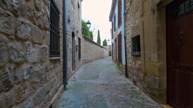 Tower of the cathedral of Baeza coming out among the old stone houses in the community of Andalusia.