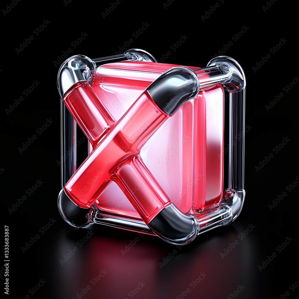 Aufkleber red translucent cube with metallic x mark on black background