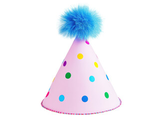 Isolated Playful Pink Party Hat Adorned with Colorful Polka Dots and Fuzzy Blue Pom-Pom