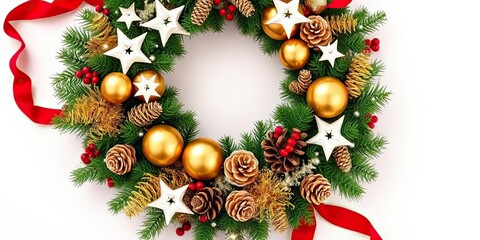 Festive Christmas Wreath with Gold Ornaments Pine Cones and Stars