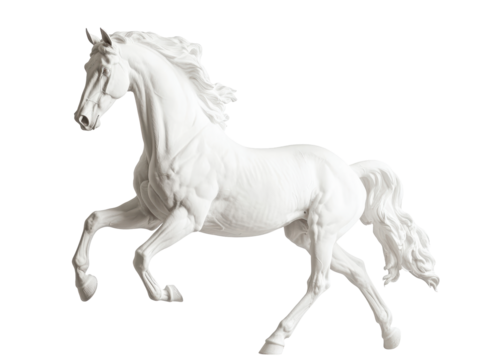 Isolated Majestic White Horse Statue in Dynamic Gallop