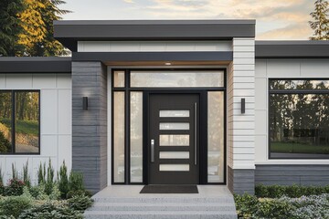 Modern facade complements a sleek 2025 color trend door at stylish entrance.
