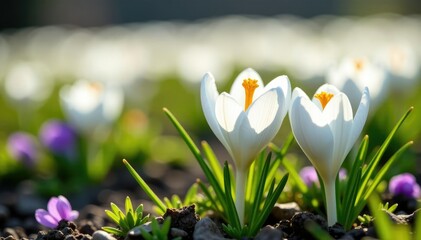 Field of white crocuses with a few purple blooms scattered throughout, growth, field, crocuses