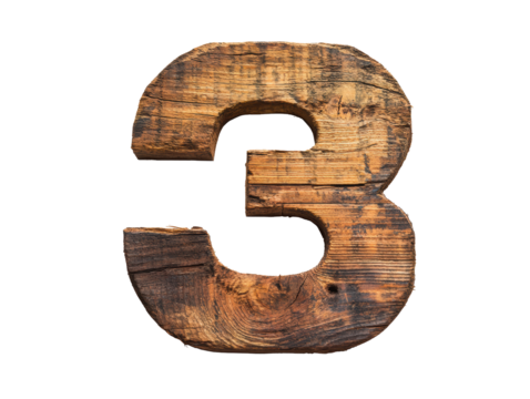 Isolated Rustic Wooden Number Three with Distressed Texture