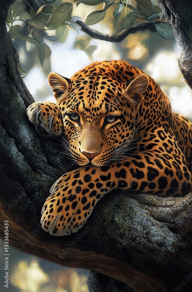 Poster close-up of a relaxed leopard resting on a tree branch surrounded by lush greenery in a natural habi
