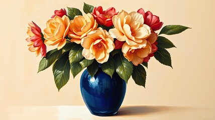 Stunning Orange Red Roses in a Blue Vase Floral Still Life Home Decor