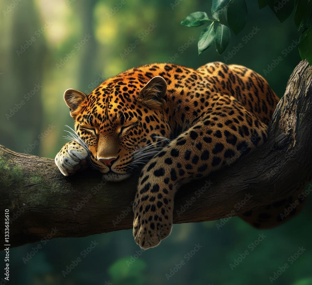 Poster close-up of a relaxing leopard resting on a tree branch in a lush green forest during daylight, show