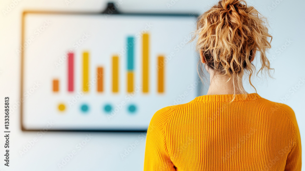 Aufkleber back view of woman in yellow sweater observing presentation with colorful bar graphs, showcasing dat
