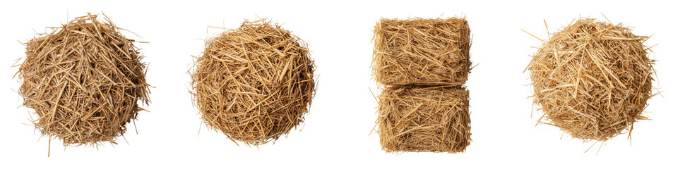 Obraz premium Piles of golden dried hay or straw bales stacked in a serene countryside landscape reflecting traditional agricultural practices and the natural environment