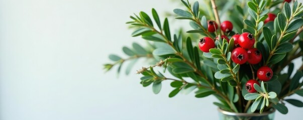 Obraz premium Fir branches with bright red berries and eucalyptus in a vase, flowers, evergreen, greenery