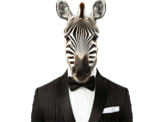 Isolated Formal Zebra Head in Striped Tuxedo with Classic Bow Tie