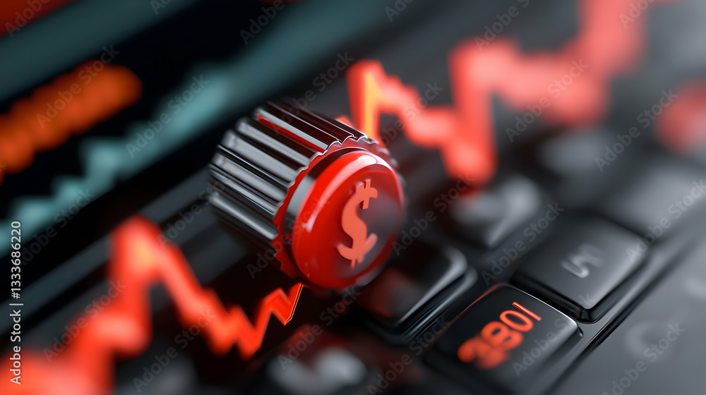 Poster red dollar sign button on black keyboard with upward trending graph
