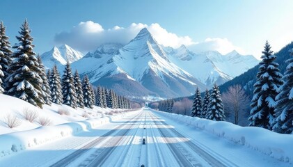 Frozen road with snow-covered trees and distant mountain peaks, cold climate, icy road, winter scenery