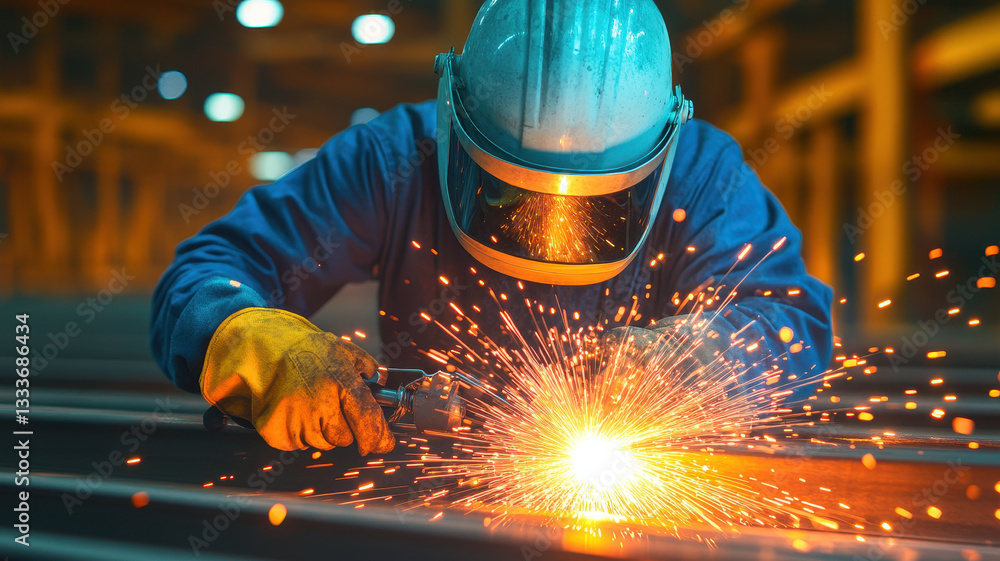 Poster welding worker creating sparks while working on steel frame in industrial setting. intense focus and