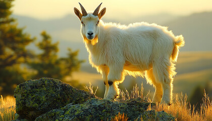 Obraz premium Mountain Goat Kid at Sunrise, Rocky Landscape
