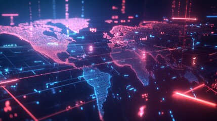 Obraz premium Global Network Data Visualization Pink Blue Neon Glowing Lines Futuristic Digital World Map