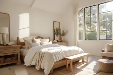 Obraz premium Designing a Serene Bedroom: Natural Light, Neutral Tones, and Wooden Furniture Create a Calming Sanctuary with Textured Textiles and Simple Decor, Enhancing Relaxation and Tranquility.