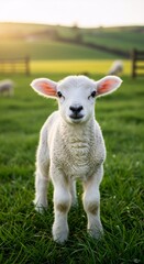 Obraz premium Adorable lamb standing in green pasture at sunset. Spring farm scene with young sheep. Cute animal portrait for agriculture, livestock, and rural life concept