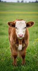 Cute brown calf standing in green meadow with yellow flowers. Close-up portrait of young cattle on farm. Animal husbandry and livestock concept for agriculture industry