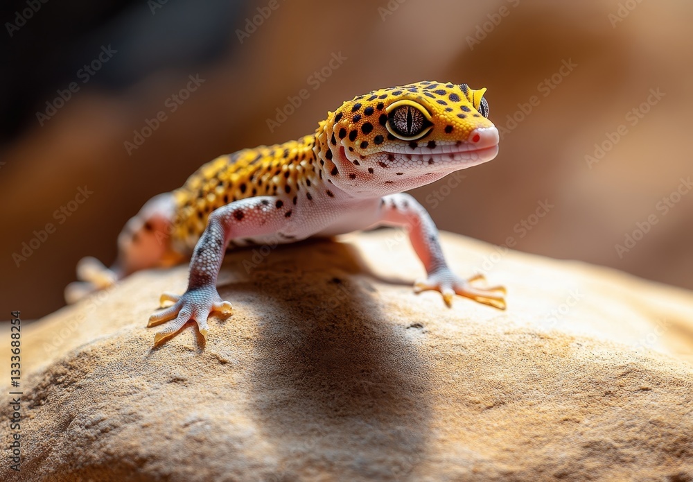 Poster close-up of a vibrant leopard gecko perched on a textured rock, showcasing intricate patterns and co