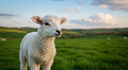 Obraz premium Cute lamb on green pasture at sunset. Spring season on farm. Animal husbandry and livestock concept. Wool industry and agriculture. Easter symbol.
