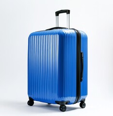 Blue hard-shell suitcase on white background, ready for travel