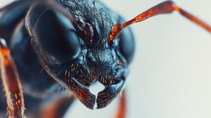 Macro Close Up of Black Ant with Orange Antennae on White Background