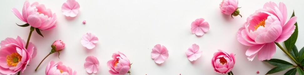 Obraz premium Soft pink peony flowers scattered on a pale white background, floral arrangement, peonies