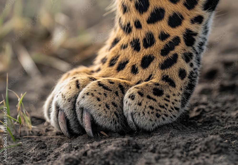 Poster close-up of a wild leopard paw print on earth surrounded by grass with detailed fur patterns and cla