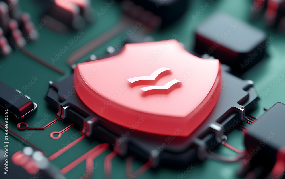 Poster glowing red cybersecurity data shield on circuit board
