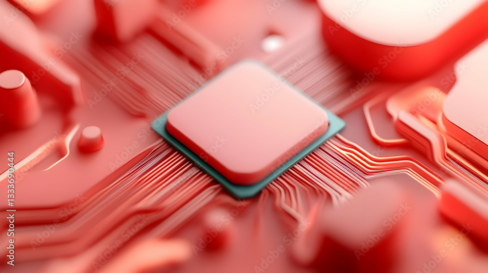 Poster glowing red futuristic circuit board with central processor