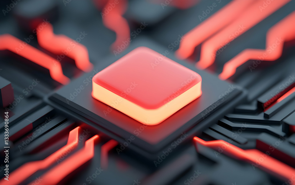 Poster glowing red microchip on dark circuit board