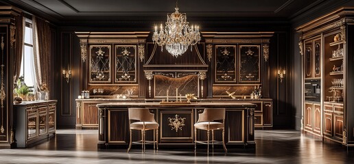 Obraz premium Luxurious Kitchen Interior with Ornate Details and Chandelier Lighting