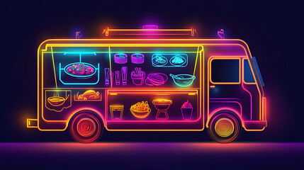 Neon food truck illuminated at night, showcasing vibrant dishes and snacks, with a lively urban backdrop