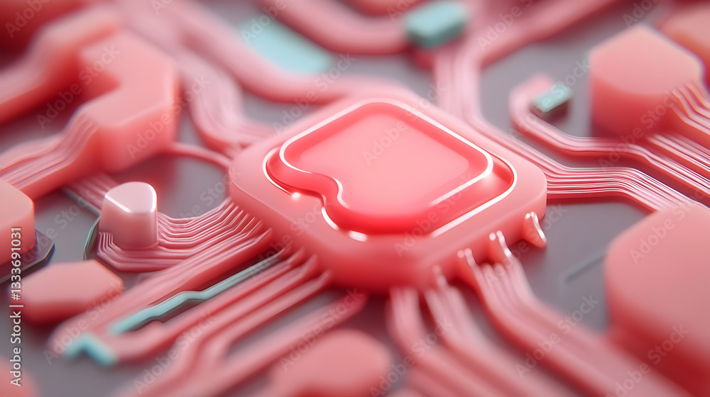 Poster glowing red quantum computing circuit board
