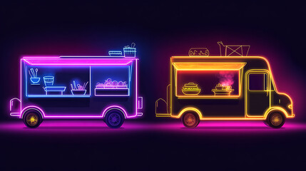 Neon food trucks illuminated at night, showcasing vibrant dishes and bustling city life