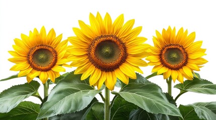 Obraz premium Three Vibrant Sunflowers on White Background