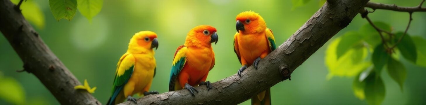 Un par de loros se posan en una rama de un ?rbol frondoso, animalia, vertebrado