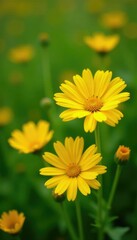 Obraz premium Yellow daisies with frilly, curly petals in a lush green meadow, daisies, flower field