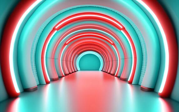 Glowing Teal and Red Neon Tunnel with Cyber Waveforms