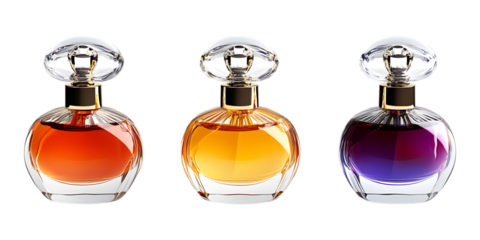Three luxury perfume bottles featuring ornate glass caps and differently colored fragrances are perfectly showcased.