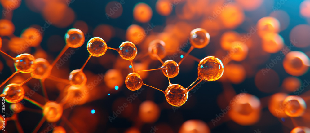 Poster close up of glowing orange molecules scientific background, showcasing intricate structure of molecu