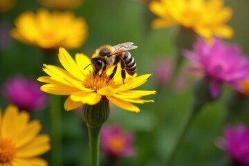 Yellow striped bee gathering nectar from colorful flowers, yellow, flowers