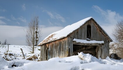 Abandoned Barn in Snowy Winter Landscape